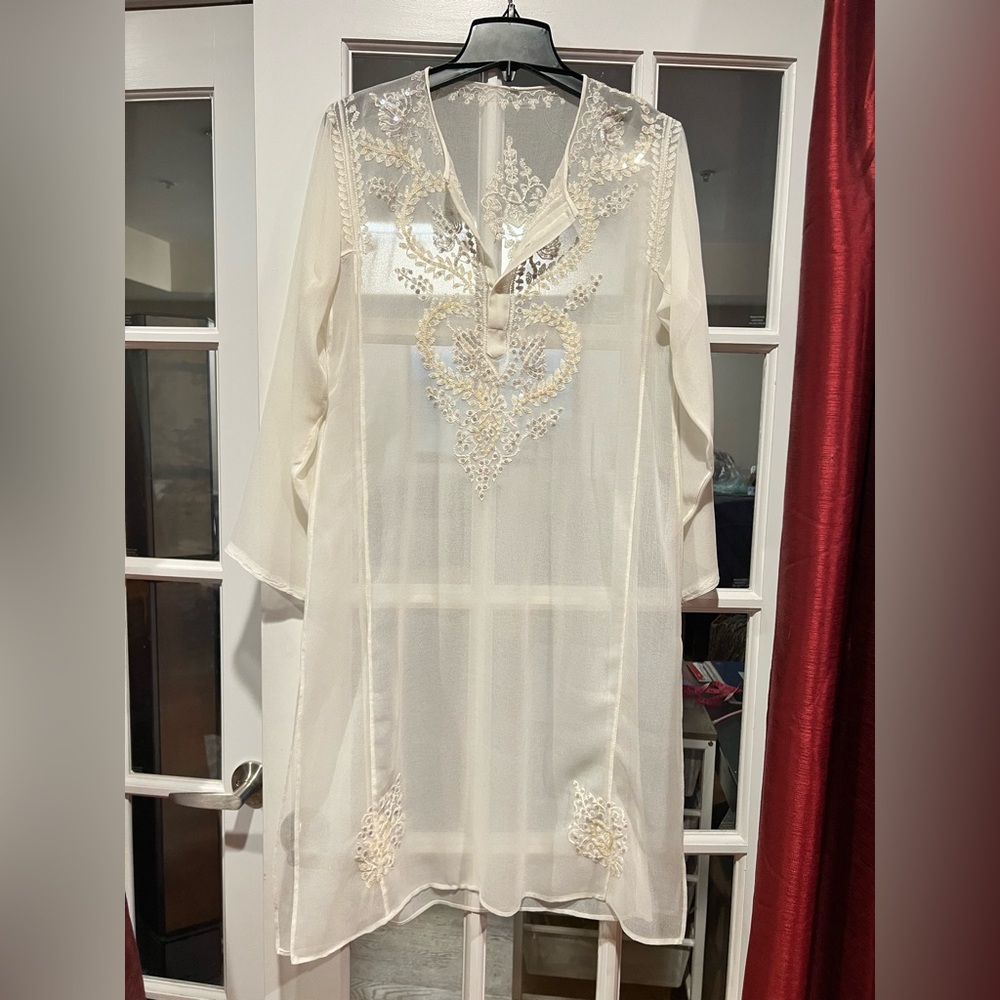 Sheer Embroidered Ivory Tunic Dress